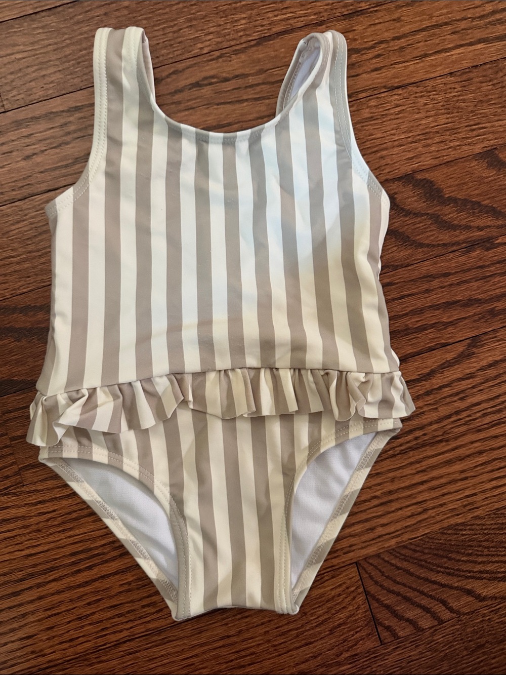 Rylee + Cru Beige and White Striped Ruffle One-Piece Swimsuit